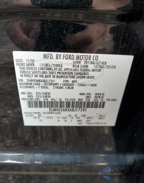 2010 Lincoln Mkt из США, поврежденный, VIN 2LMHJ5ARXABJ17241